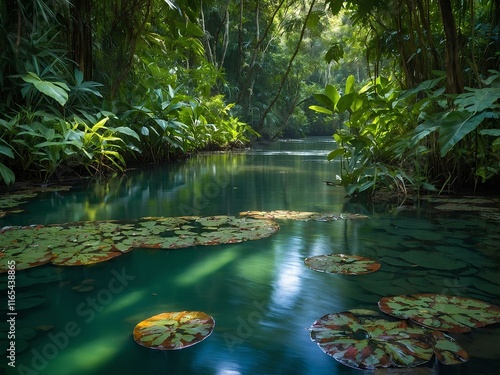 A Tranquil Winding River Meandering Through Lush Jungle Vegetation, Where Nature’s Serenity and the Enchanting Sounds of the Wilderness Create a Hidden Paradise Untouched by Time photo