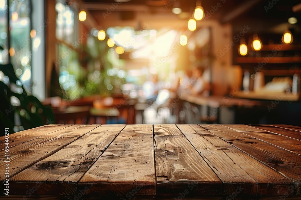 Empty wooden table top on blurred coffee shop background for product display.