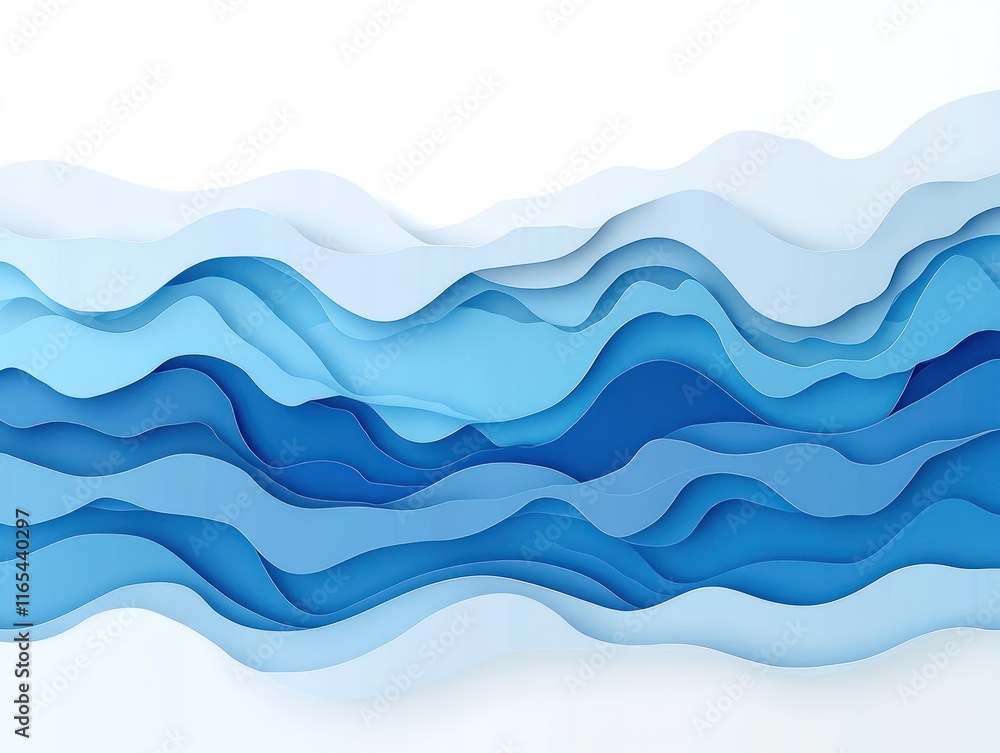 Fototapeta premium Abstract layered paper cut waves in shades of blue, creating a dynamic ocean-like effect on white background.