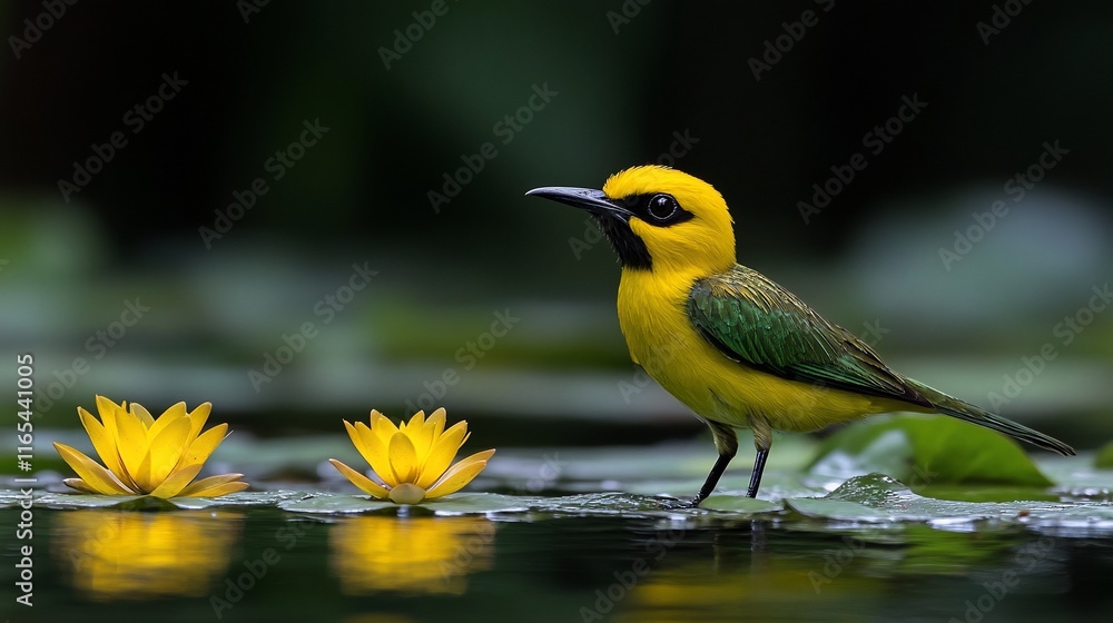 Naklejka premium Yellow bird perched on lily pads near water.