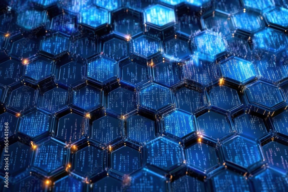 Fototapeta premium abstract blue hexagon honeycomb digital technology background features a mesmerizing display of code numbers on a futuristic surface- creating a visually captivating and dynamic representation of adva
