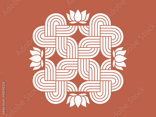 Auspicious Indian Rangoli pattern on the floor in front of the entrance or on the wall. Traditional ornament. Vector illustration or postcard design.