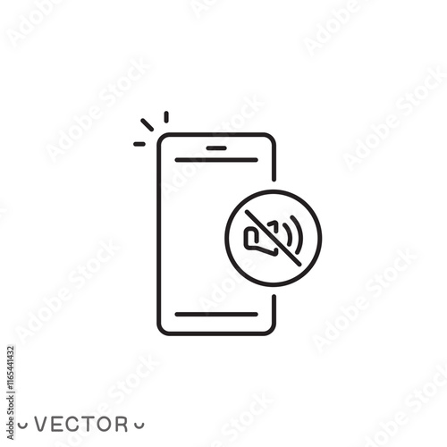 silent phone icon, silence or sound switch, turn mobile quiet, thin line symbol concept isolated on white background, editable stroke eps 10 vector illustration