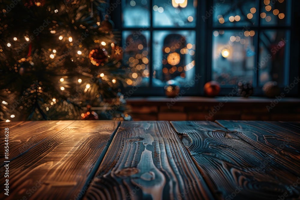Obraz premium A rustic wooden table sits before a Christmas tree and a softly lit window, evoking a cozy holiday scene.