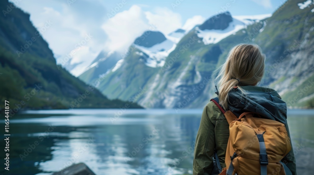 Woman on an adventurous hike appreciating the stunning scenery of a magnificent mountain lake while exploring and discovering nature Woman on an adventurous hike appreciating the stunning scenery of a magnificent mountain lake while exploring and discovering nature