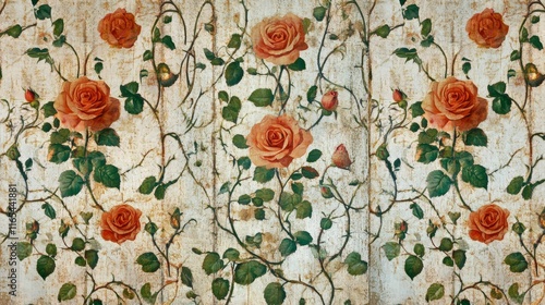 Vintage roses pattern featuring faded roses and heart-shaped leaves on a textured background