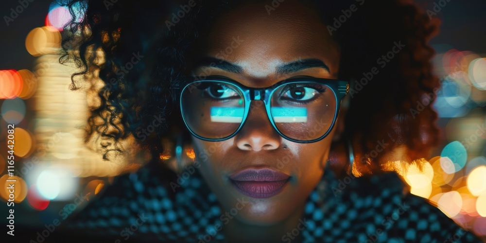 Woman working late on online project, engaged in research and reporting on computer. Focused and thoughtful, she examines the screen with determination and concentration Woman working late on online project, engaged in research and reporting on computer. Focused and thoughtful, she examines the screen with determination and concentration