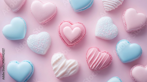 astel Heart Macarons and Candies on Pink Background photo