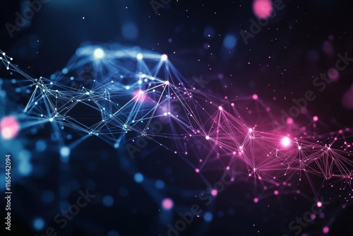 abstract technology background depicts a network connection structure with interweaving dots and lines- symbolizing data transfer in a 3D rendering- creating a dynamic and interconnected visual repres photo