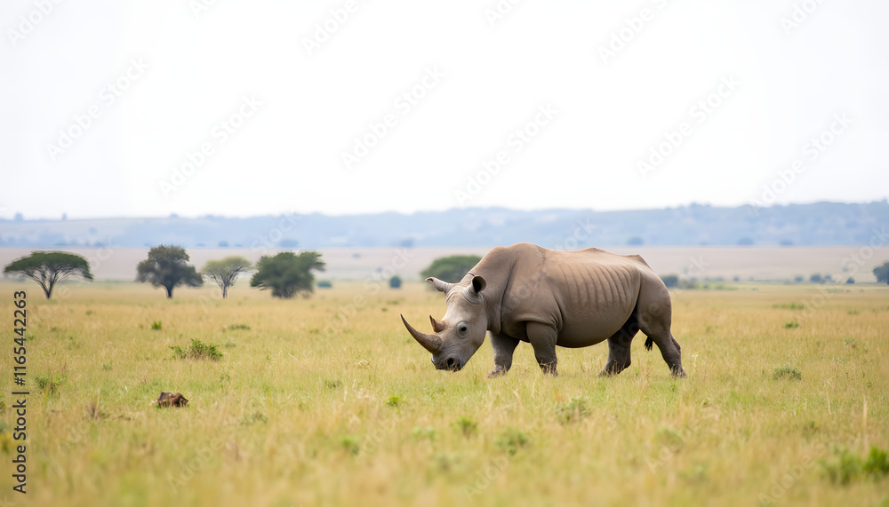 Solitary rhinoceros grazes on African plains, wildlife conservation Solitary rhinoceros grazes on African plains, wildlife conservation