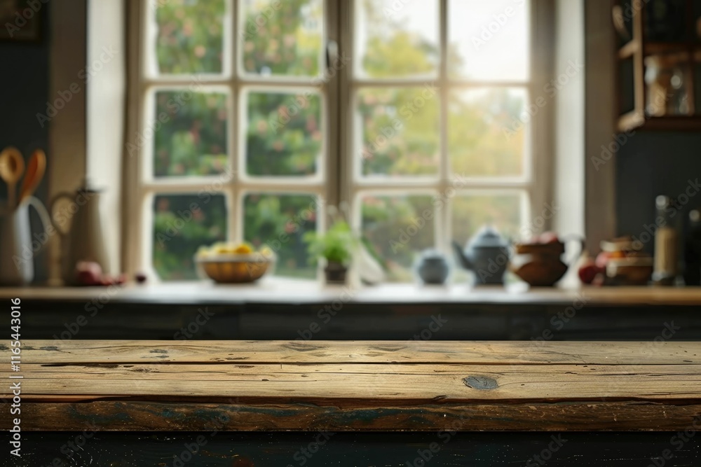 Rustic kitchen counter with wooden planks, overlooking a sunlit window and kitchenware. Rustic kitchen counter with wooden planks, overlooking a sunlit window and kitchenware.