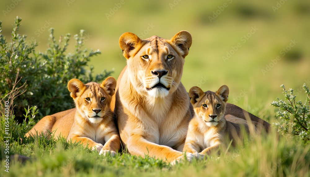 Lioness nurturing cubs in sunlit grassland, bond of motherhood Lioness nurturing cubs in sunlit grassland, bond of motherhood
