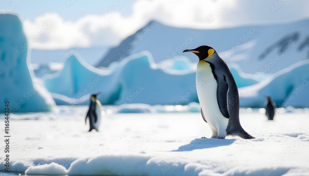Naklejka premium Majestic emperor penguin standing on ice in Antarctica, wildlife conservation