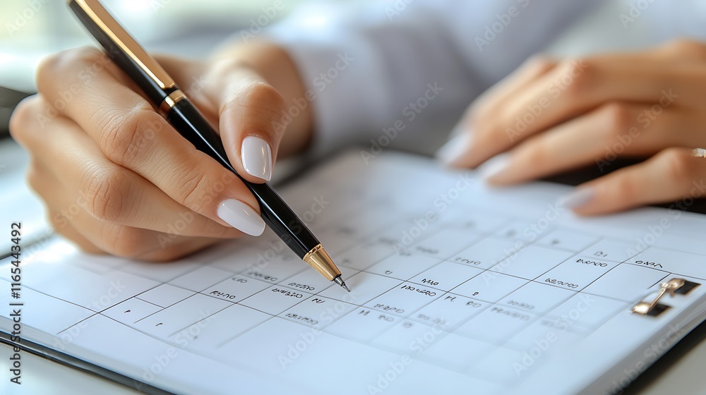 Close-up of hands writing a daily timetable with a sleek black pen on a modern planner, minimalist desk setup with clean lines, soft natural light casting delicate shadows, hd quality, Close-up of hands writing a daily timetable with a sleek black pen on a modern planner, minimalist desk setup with clean lines, soft natural light casting delicate shadows, hd quality,