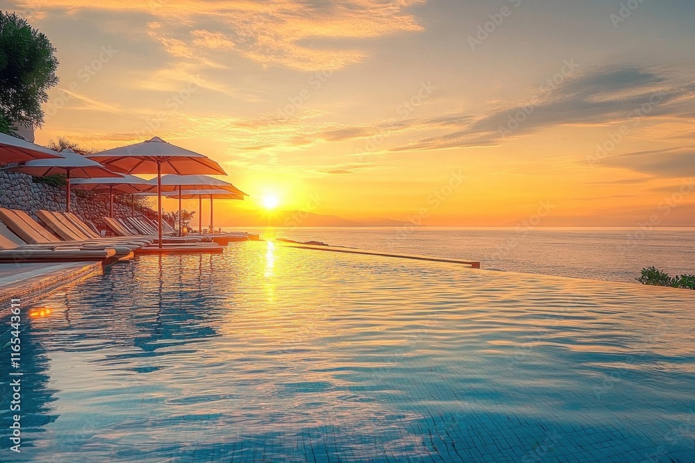 In golden light of a summer sunset- a wide-angle view captures breathtaking sight of a beautiful luxury swimming pool nestled against backdrop of sparkling sea- with elegant umbrellas and inviting ch In golden light of a summer sunset- a wide-angle view captures breathtaking sight of a beautiful luxury swimming pool nestled against backdrop of sparkling sea- with elegant umbrellas and inviting ch
