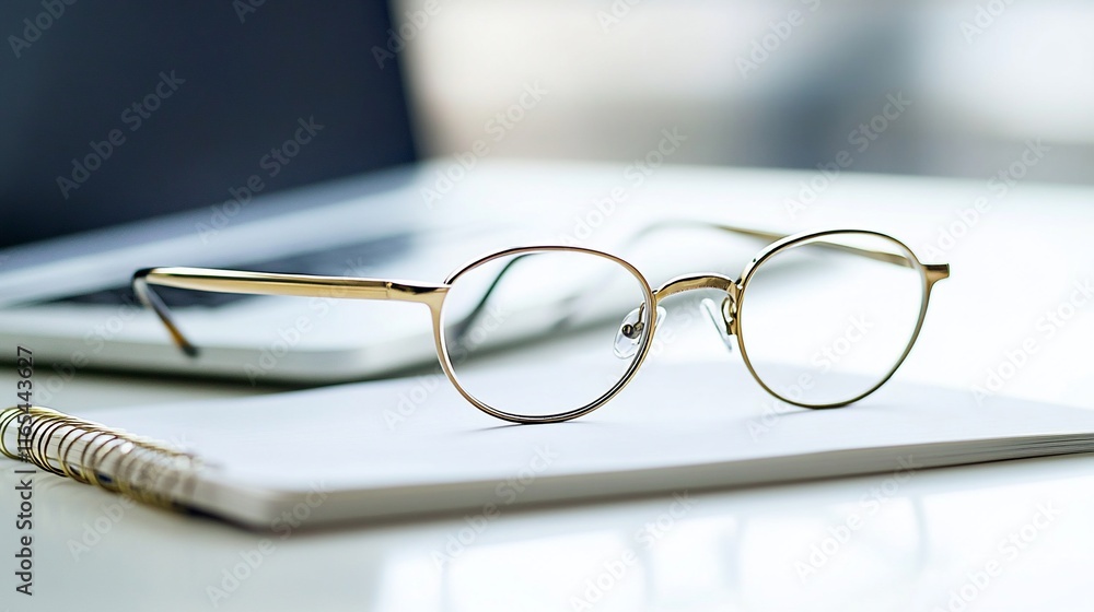 A pair of glasses resting on a notebook beside a laptop.