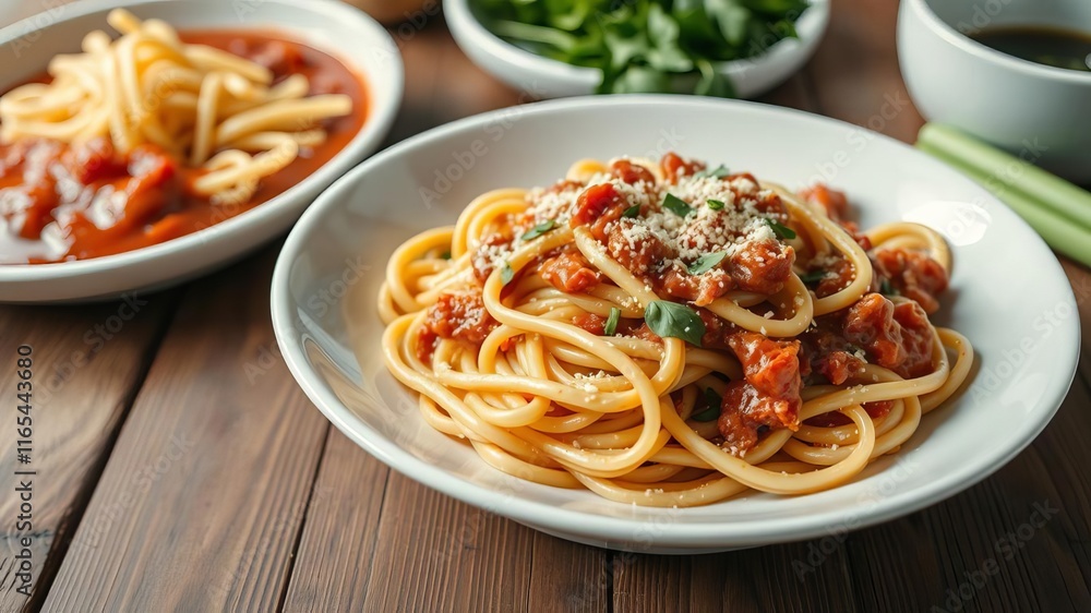 A person mixing cooked pasta with a delicious prepared sauce in a white ceramic bowl on a wooden table, meal, kitchen A person mixing cooked pasta with a delicious prepared sauce in a white ceramic bowl on a wooden table, meal, kitchen