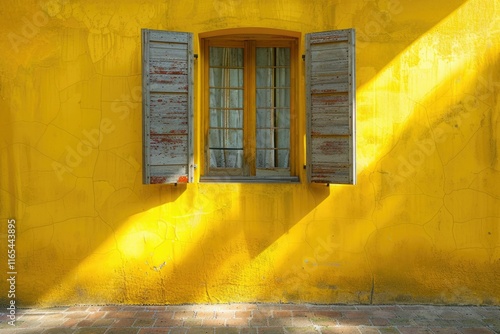 A weathered window with wooden shutters on a sunny yellow wall.