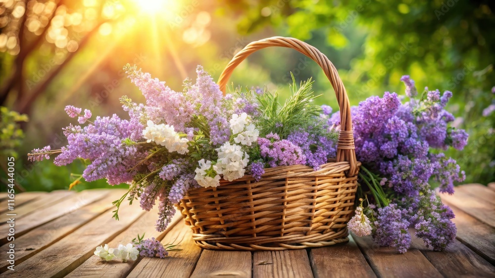 A wicker basket overflowing with delicate purple blossoms, bathed in the warm glow of a sun-drenched meadow. A wicker basket overflowing with delicate purple blossoms, bathed in the warm glow of a sun-drenched meadow.