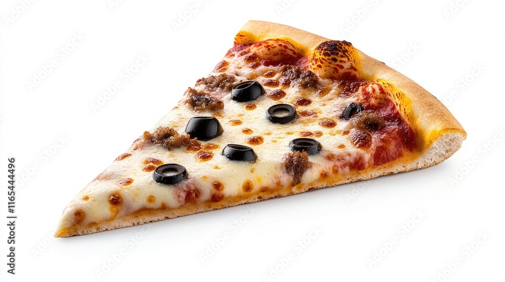 A slice of pizza topped with cheese, ground beef, and olives. A slice of pizza topped with cheese, ground beef, and olives.
