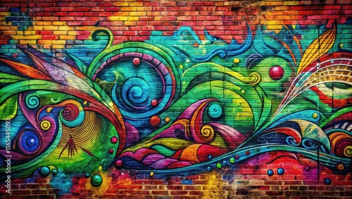 A vibrant and abstract mural painted on a brick wall, showcasing a blend of organic and geometric shapes in a spectrum of colors.