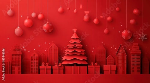 Stylish Christmas background with a red color scheme, in a 3D paper cut style. 