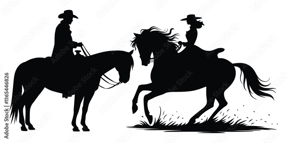 Cowboy and cowgirl silhouette on top of a beautiful horse Cowboy and cowgirl silhouette on top of a beautiful horse