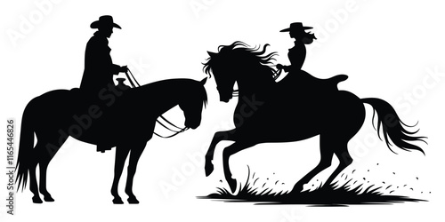 Cowboy  and cowgirl silhouette on top of a beautiful horse