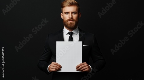 Confident man in formal black suit holding blank card with neutral expression. Corporate communication concept photo