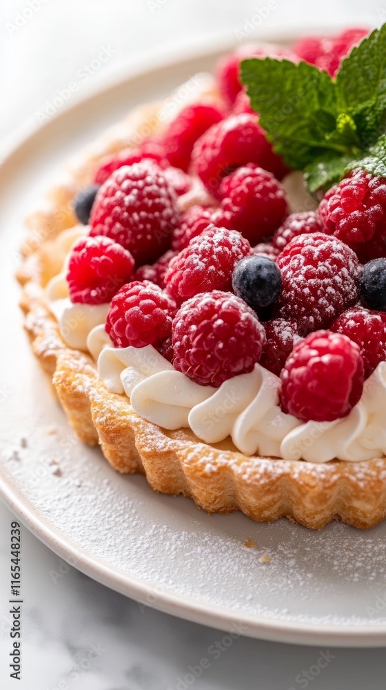 A Delectable Raspberry Tart with Whipped Cream and Berries A Delectable Raspberry Tart with Whipped Cream and Berries