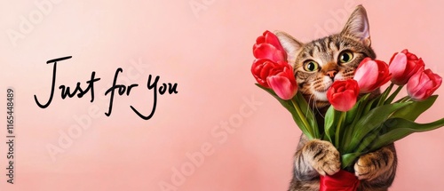 Niedliche Katze mit Tulpenstrauß  Valentinstag, Muttertag, Geburtstag photo