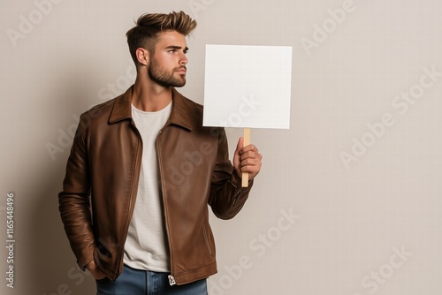 Young man holding a blank sign in a casual outfit against a beige background. protest or announcement photo