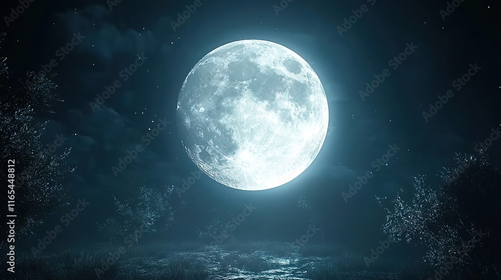 The moon is shining brightly, with the silver-white color of its surface reflecting light in all directions. The moon is shining brightly, with the silver-white color of its surface reflecting light in all directions.