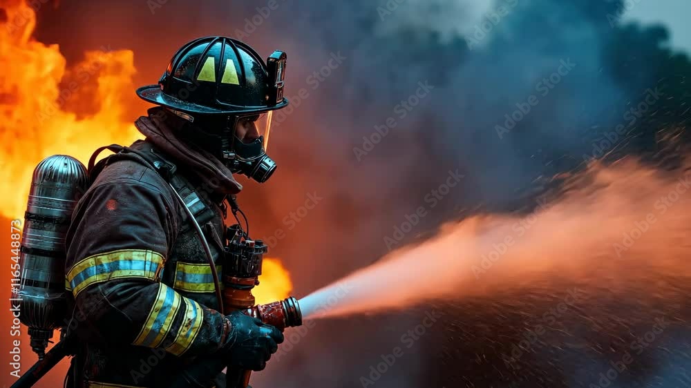 Firefighter battling blazing fire with water hose, wearing safety gear and helmet, heroic action shot for emergency services, resilience, and public awareness. Intense warm tones Firefighter battling blazing fire with water hose, wearing safety gear and helmet, heroic action shot for emergency services, resilience, and public awareness. Intense warm tones