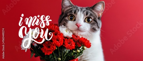 Süße Katze mit Blumenstrauß: Ich vermisse dich  Valentinstag, Geburtstag, Abschied photo