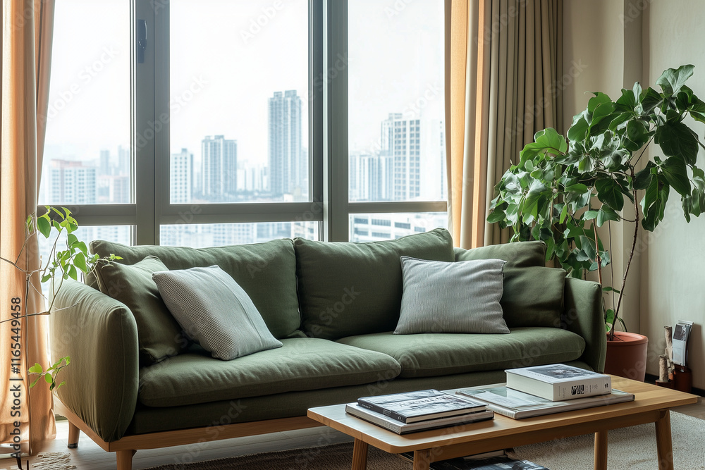A modern minimal Scandinavian living room apartment with beige walls, sheer beige curtains, and a soft green fabric sofa A modern minimal Scandinavian living room apartment with beige walls, sheer beige curtains, and a soft green fabric sofa