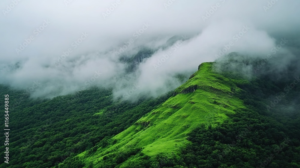 A green mountain covered in fog, with lush grass and trees on the slopes of the Indian mountains. 