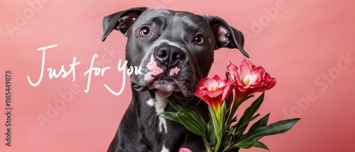 Liebes Hund mit Blumenstrauß: Valentinstag, romantisches HaustierFoto photo