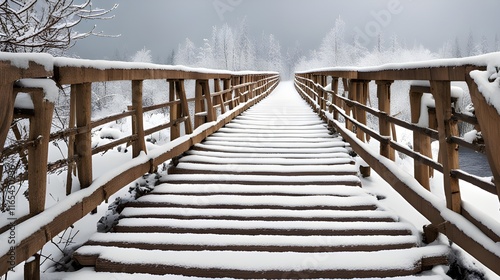 A snowy wooden bridge stretches across a tranquil winter landscape, its surface dusted with fresh snow, inviting peaceful walks on a cold winter day. photo