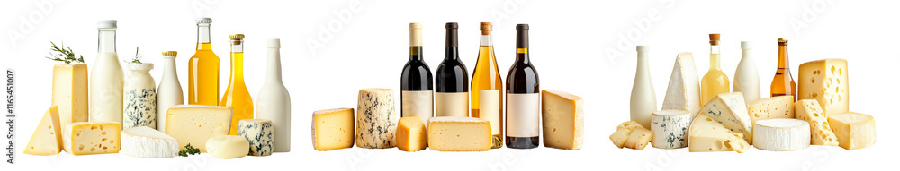 Naklejka premium Set of cheeses, milk bottles, and oil bottles isolated on white background. Concept of dairy and oil products.