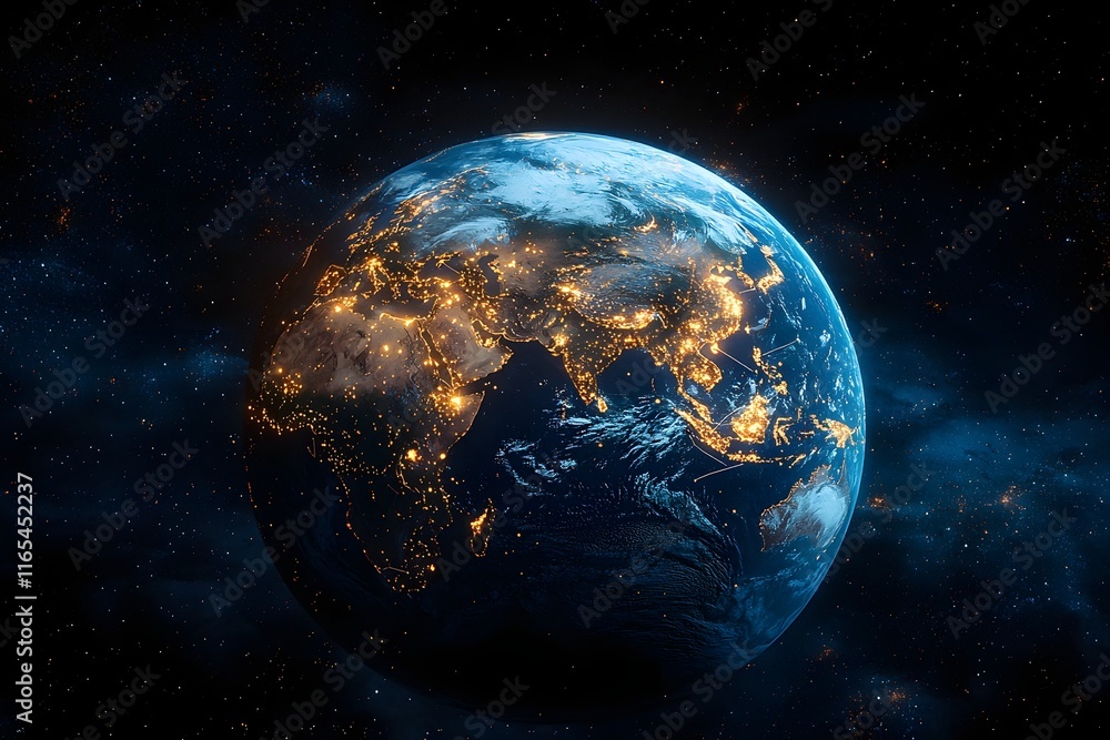 Fototapeta premium Holographic Global Connections Concept on Planet Earth at Night