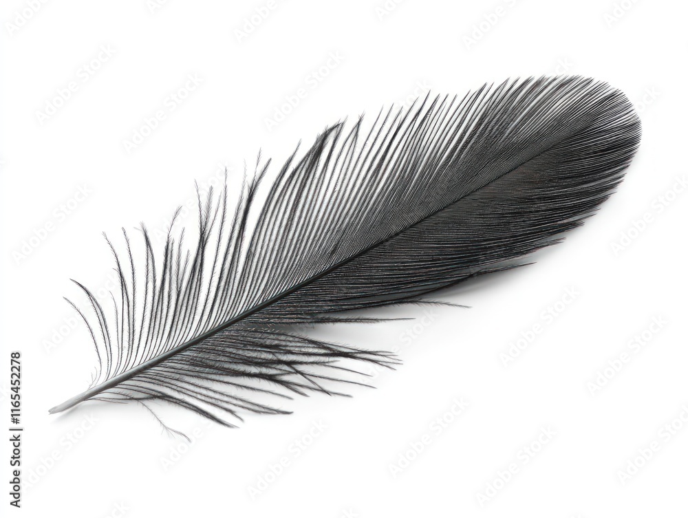 Obraz premium Single black feather isolated on white background.