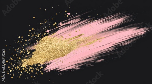 Gold glitter sprinkles on a blush pink brush stroke, digital illustration, black background,