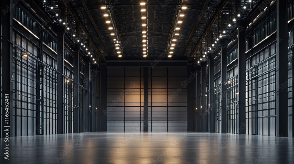 Dark Industrial Interior with Towering Metal Structures and Lights Dark Industrial Interior with Towering Metal Structures and Lights