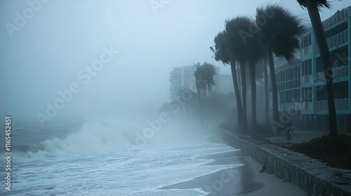A hurricane hitting the Florida coast, with palm trees swaying, high waves crashing, and a foggy atmosphere.
