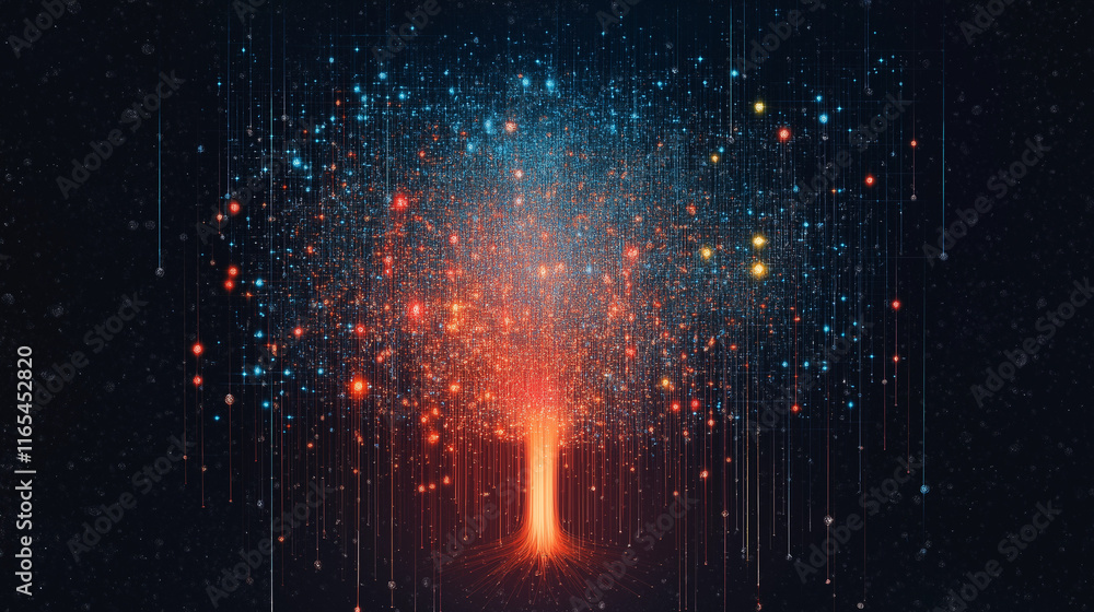 Cosmic Tree of Light: An ethereal tree of light, radiating with vibrant red, blue, and yellow hues, against a dark, cosmic backdrop. The tree's branches reach towards the heavens. Cosmic Tree of Light: An ethereal tree of light, radiating with vibrant red, blue, and yellow hues, against a dark, cosmic backdrop. The tree's branches reach towards the heavens.