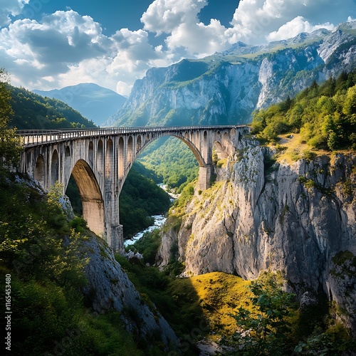Bridge over a mountain river in the Alps. View from above.