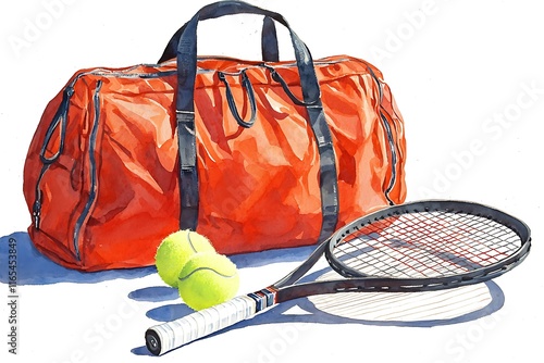 Watercolor painting of an orange tennis duffel bag, tennis racket, and tennis balls.