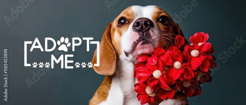 Niedlicher BeagleHund mit roten Blumen  Adoptiere mich photo