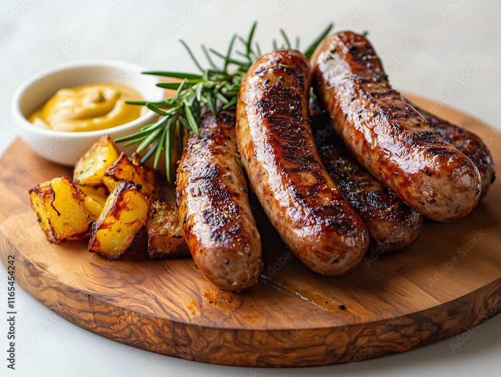 a wooden board filled with smoky sausages and golden roast potatoes, seasoned with paprika and thyme a wooden board filled with smoky sausages and golden roast potatoes, seasoned with paprika and thyme